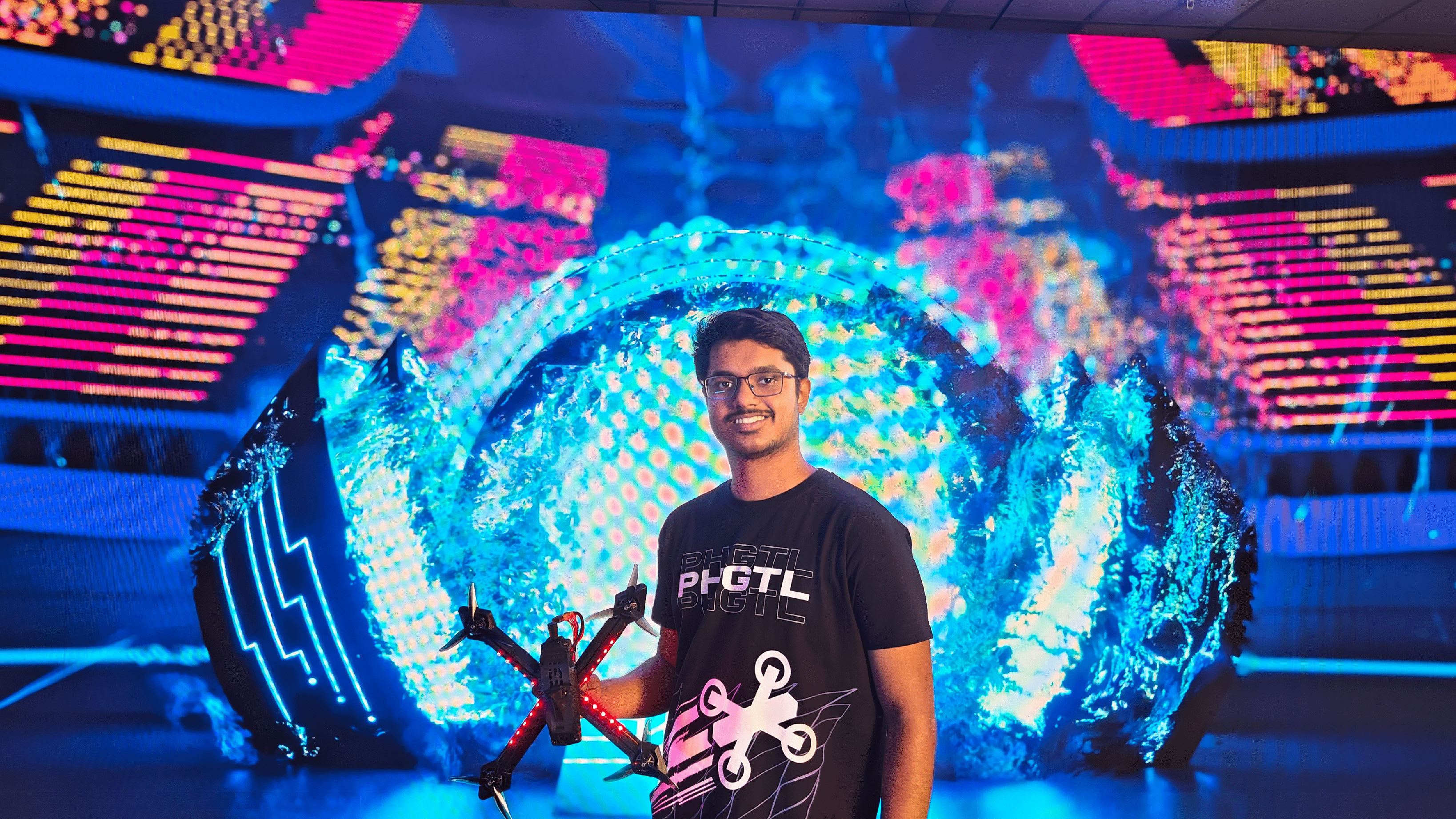 Student achievement:  Krutharth M C represented India in international drone racing