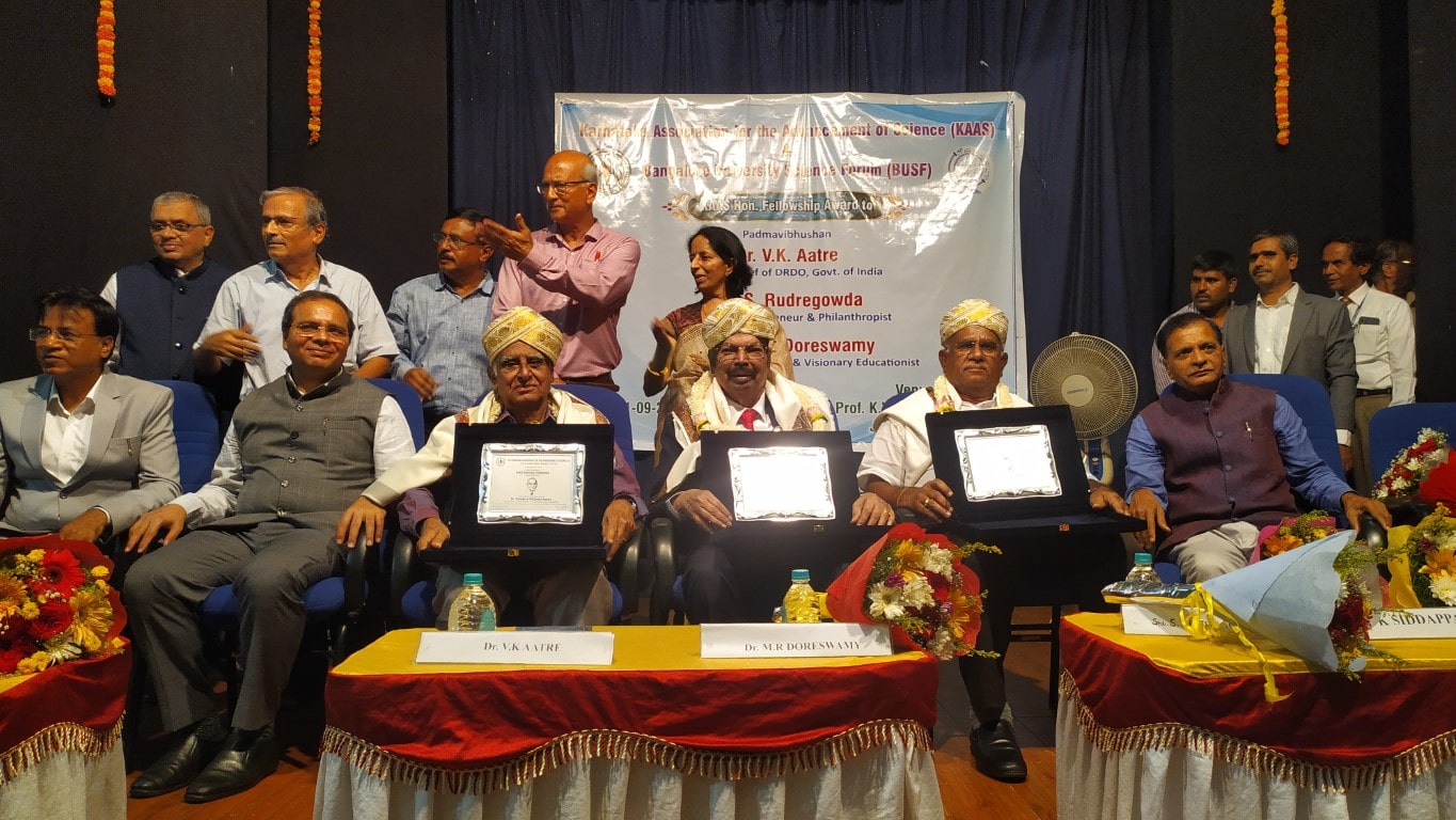 Prof. M R Doreswamy, Chancellor of PES University was conferred with Honorary Fellowship award by Karnataka Association for the Advancement of Science (KAAS)